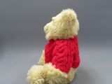 a teddy bear wearing a red sweater sitting on the floor