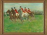a painting of a group of men riding horses in a field