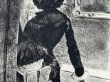 black and white drawing of a woman with a dog looking out of a window