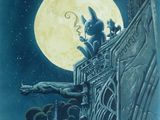 un tableau représentant un chat assis au sommet d'un immeuble, avec la pleine lune en arrière-plan