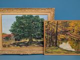 deux tableaux encadrés représentant un arbre et une maison dans un champ