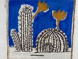 dessin représentant un cactus avec deux fleurs sur un fond bleu et blanc