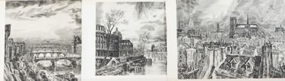 trois dessins en noir et blanc représentant une ville et une rivière