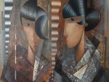 tableau représentant deux femmes portant des chapeaux et des foulards sur la tête