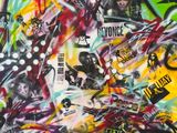 peinture représentant un tas d'autocollants sur un mur recouvert de graffitis
