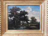an oil painting of a landscape with trees and a river in the foreground
