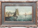 painting of a sailboat in the water with other boats in the background