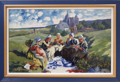 tableau représentant un groupe de personnes assises dans un champ, avec un château en arrière-plan