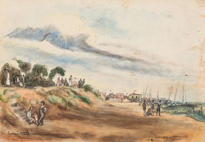 tableau représentant un groupe de personnes marchant sur un chemin de terre près d'un plan d'eau