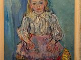 a painting of a little girl sitting on a chair