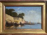 a picture of a painting of boats on the water