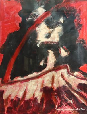 une peinture à l'huile représentant une femme en robe rouge tenant un parapluie rouge