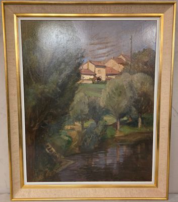 tableau représentant une maison au bord d'une rivière, encadré et accroché au mur