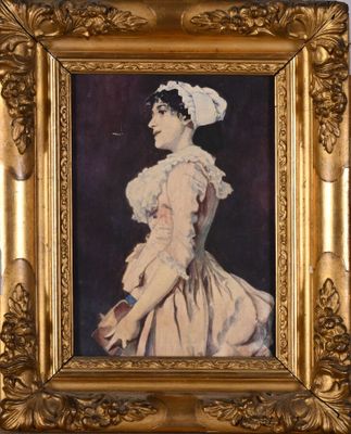 tableau représentant une femme en robe blanche et coiffée d'un chapeau blanc