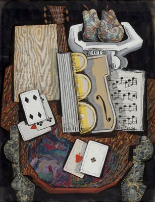 une peinture représentant une guitare, des cartes à jouer et d'autres objets posés sur une table