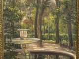 an oil painting of a fountain in a park surrounded by trees