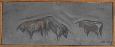 J. LISSY Étude de taureaux Technique mixte sur panneau, sign…