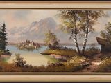 une image représentant un tableau d'un lac avec une montagne en arrière-plan