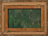 an oil painting of green grass in a wooden frame on a wall