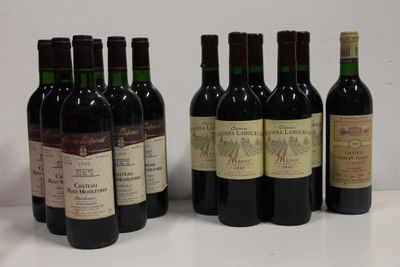 six bottles of wine are lined up in a row on a table