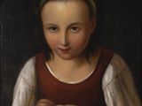 portrait d'une jeune fille vêtue d'une robe rouge et portant un bandeau vert