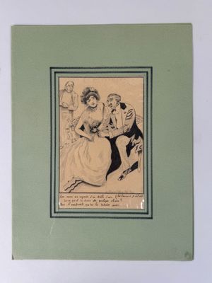 drawing of a woman sitting on a man ' s lap in front of a group of people