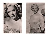 two black and white photos of a woman in a dress and a man in a suit