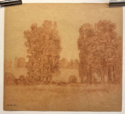 drawing of a landscape with trees and a field in the foreground