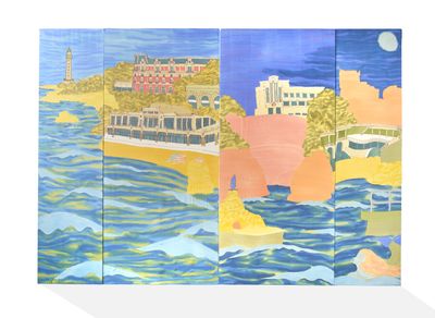 une image d'une peinture d'une ville au bord de l'eau