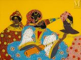tableau représentant trois femmes avec des instruments de musique sur fond jaune