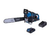 une tronçonneuse électrique bleue et noire équipée de deux batteries