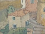 a painting of a building with a staircase going up to it