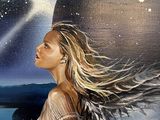 painting of a woman sitting on a chair in front of a painting of a moon