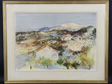 une aquarelle représentant un paysage avec une montagne en arrière-plan