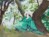 une peinture à l'huile représentant une femme en robe verte assise sous un arbre
