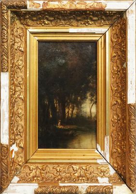 an oil painting of a wooded landscape with trees in the foreground