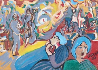 un tableau représentant une femme tenant un téléphone portable devant une foule