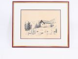 painting of a barn in a snowy landscape with trees in the foreground