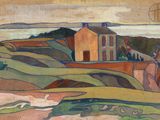 an image of a painting of a house on a hill