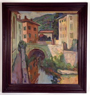 a painting on the wall of a building that has a bridge over it