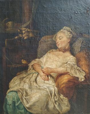 an old painting of a woman in a white dress sitting in a chair