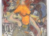 une peinture à l'huile représentant une femme vêtue d'un t-shirt jaune et d'un pantalon noir