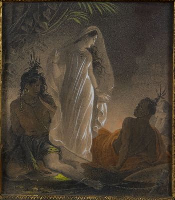 un vieux tableau représentant une femme en robe blanche debout à côté de deux hommes