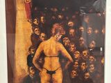 tableau représentant un homme debout devant une foule de crânes