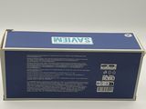 a close up of a blue box with a white label on it