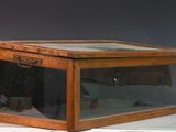 une petite boîte en bois avec un couvercle en verre, posée sur une table