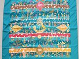 an image of a blue scarf with colorful designs on it