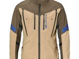 the jacket is tan and blue with a black zipper on the chest