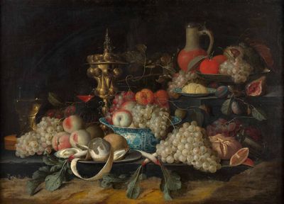 une peinture représentant une nature morte avec des fruits sur une table