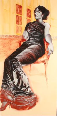un tableau représentant une femme en robe noire assise sur une chaise